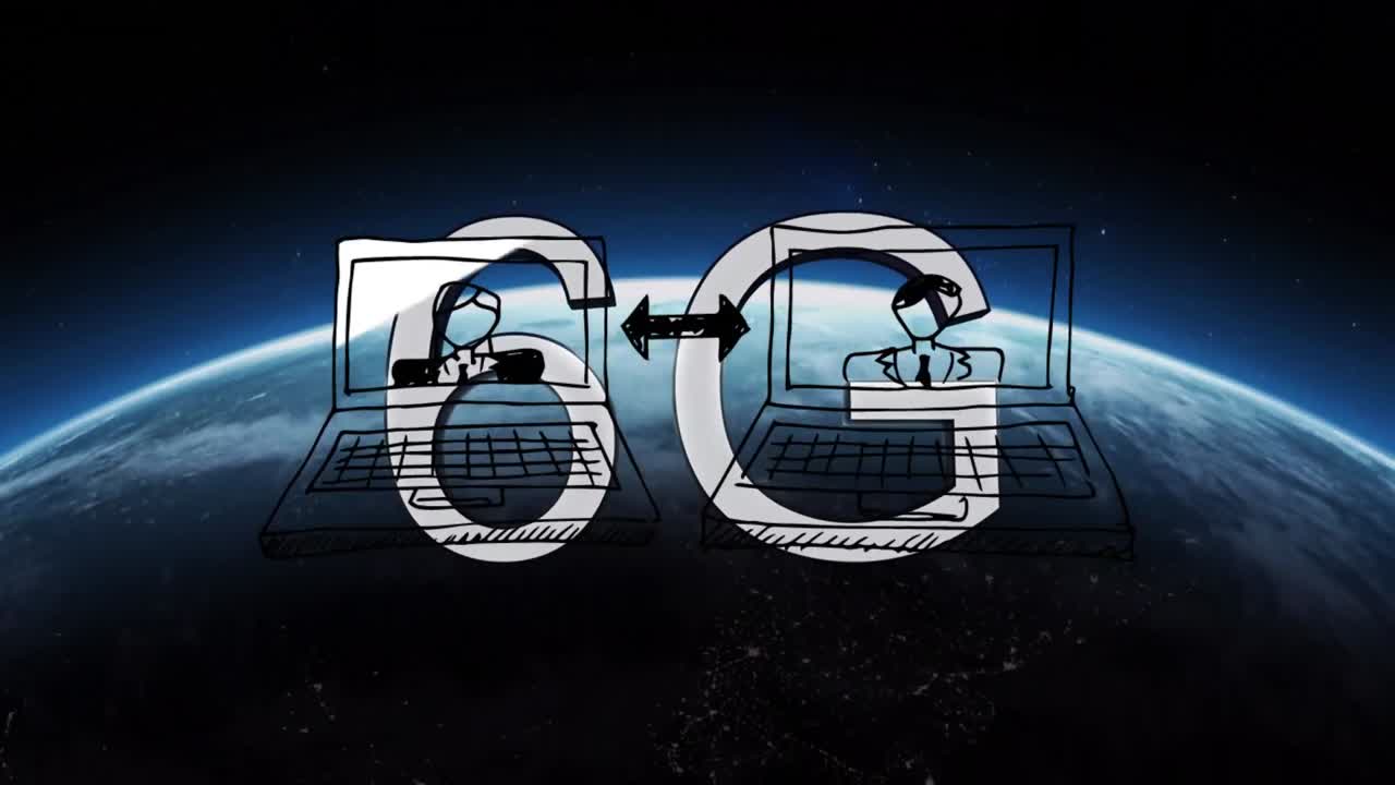 animación ir computadoras portátiles y 6g sobre el globo girando en el espacio