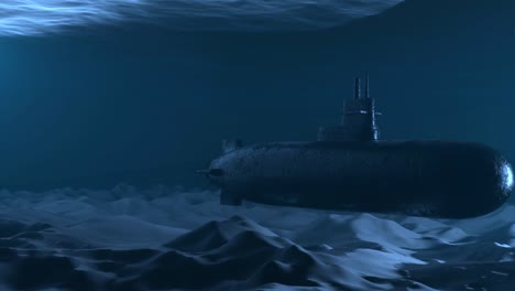 naval submarine submerge deep underwater near to ocean floor. 3d render