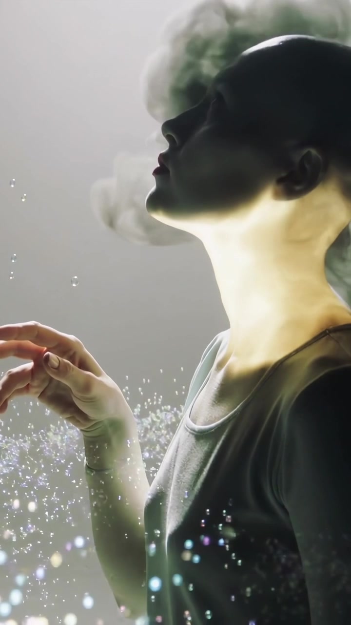 Video verticale: Una donna in canotta che inclina il mento con la mano destra, creando bagliori e fumo in studio.