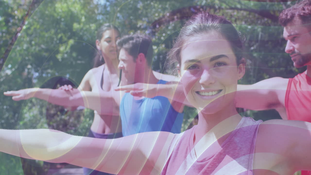 Group of people exercising outdoors with colorful wave animation overlay