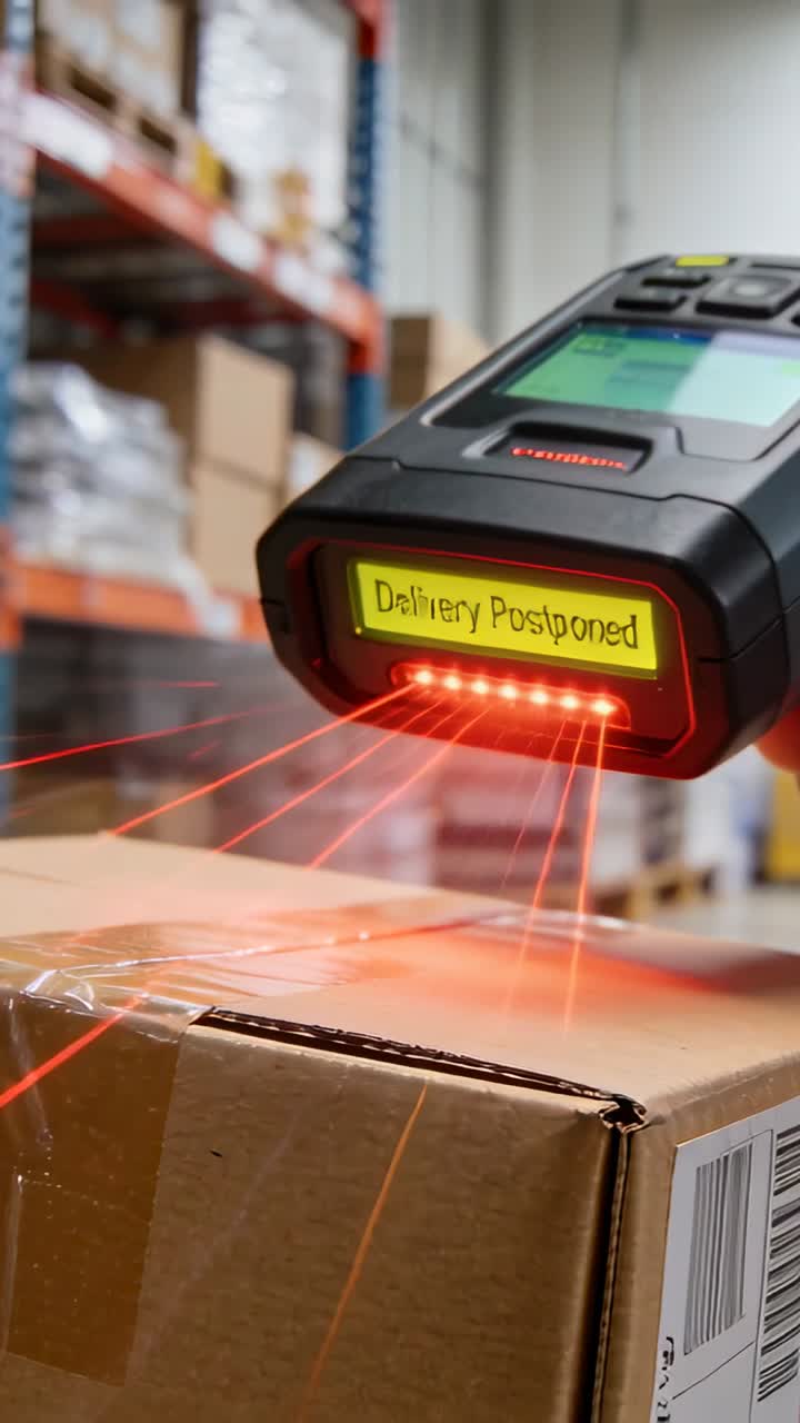 Vertical video: Warehouse hand holding scanner over box scanning label, checking Delivery Postponed