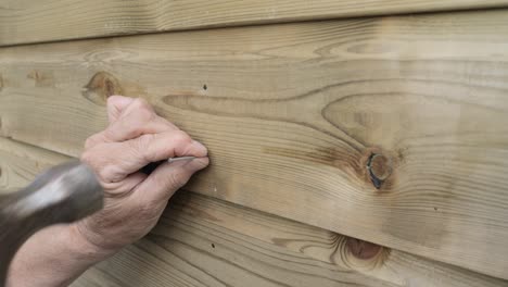hands wield a hammer, driving shiny nails into boards while simultaneously constructing an exterior wall panel.