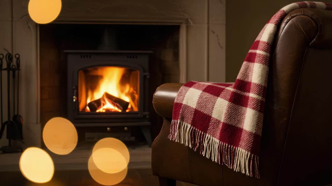 Cozy Evening by the Fireplace with Armchair and Plaid Blanket