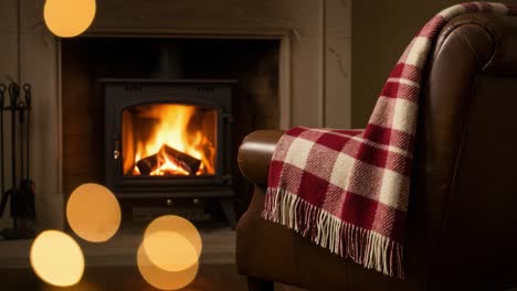 cozy evening by the fireplace with armchair and plaid blanket