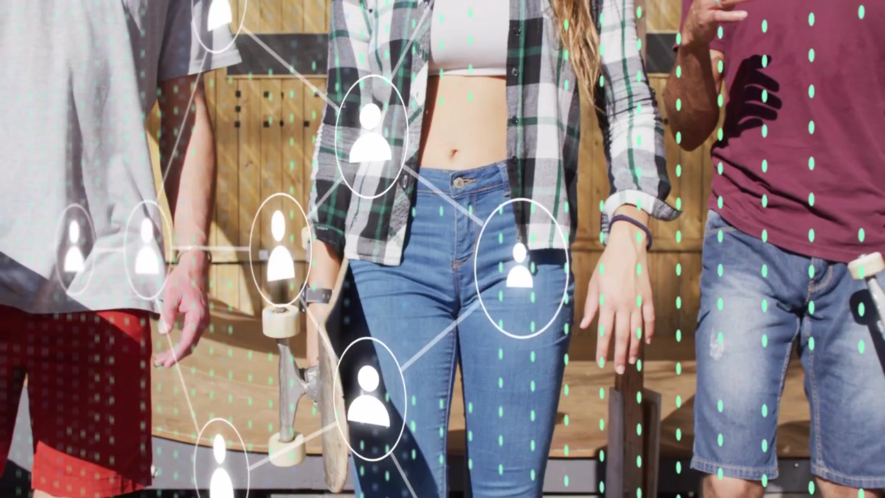 Center skater approaching camera with two friends, user icons and lines spreading, visualizing tech