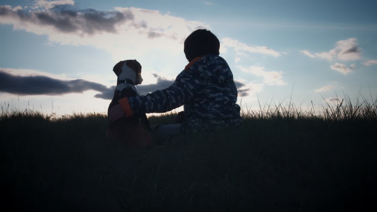 silueta al aire libre de un niño y un perro viendo la puesta de sol