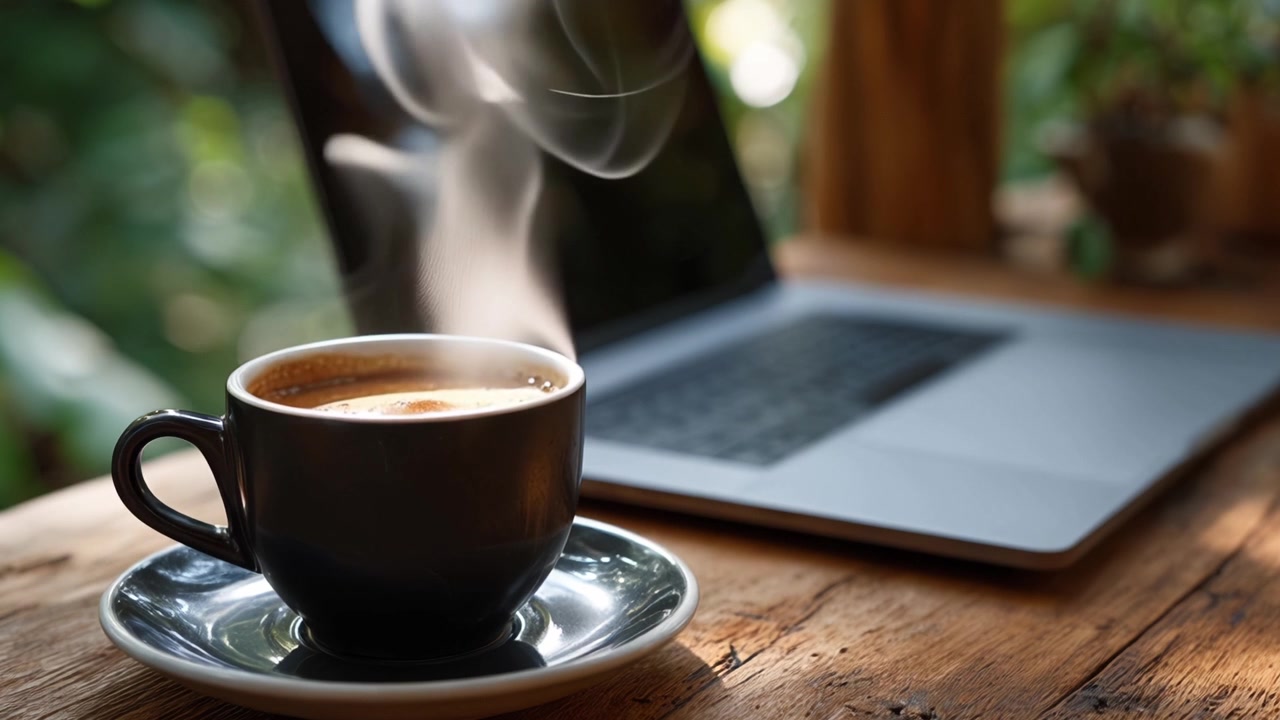 Xícara de café fumegante em mesa de madeira com laptop ao fundo