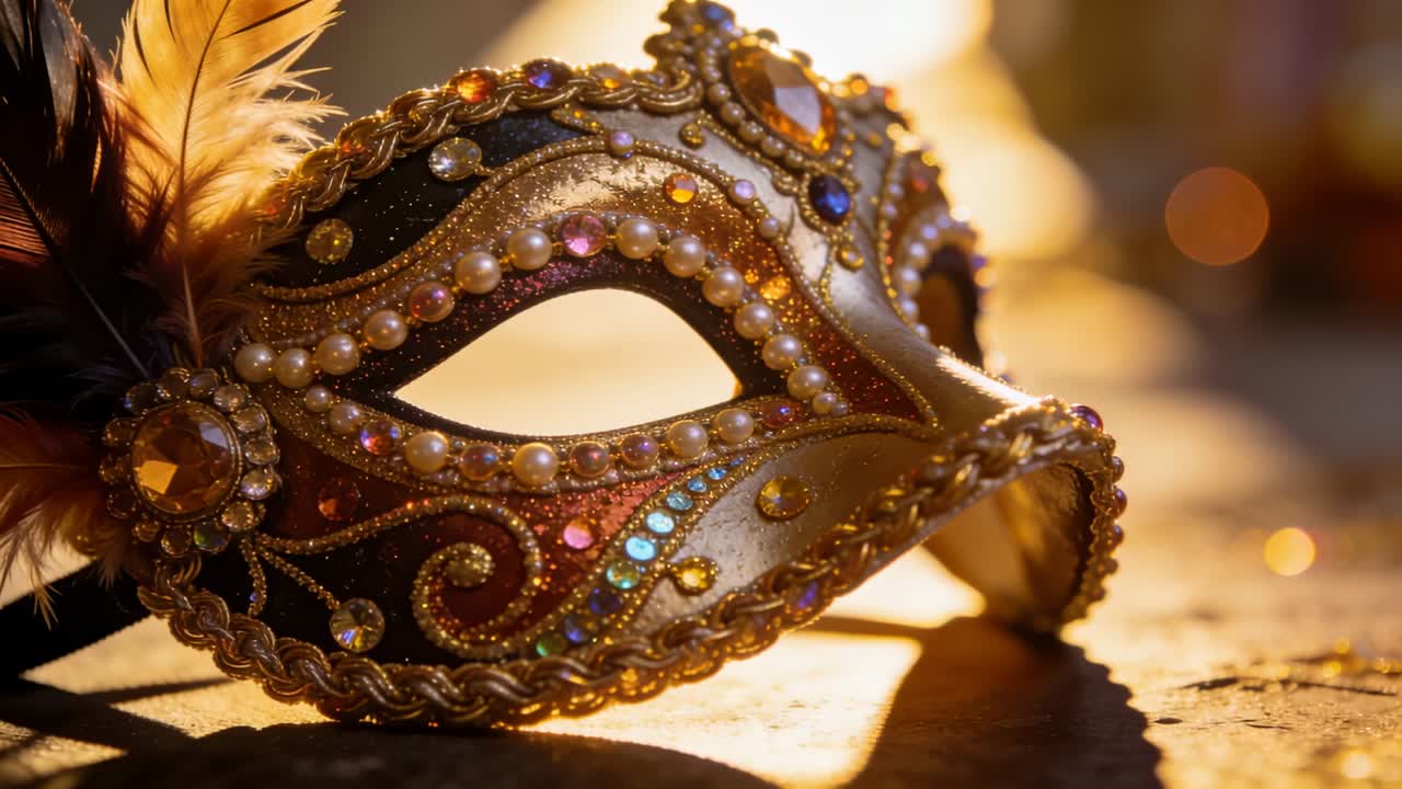 Telecamera che si avvicina rivelando una maschera veneziana su una superficie testurizzata, con una calda retroilluminazione che fa brillare le gemme.
