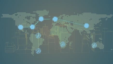 Animación-De-Ciudad-Metaversa,-Mapa-Mundial-Y-Conexiones.