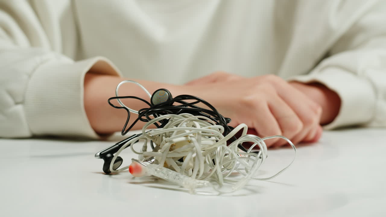 Tangled wires on table close-up. Trying to untangle many messy cables.Young woman trying to untangle the white headphones.