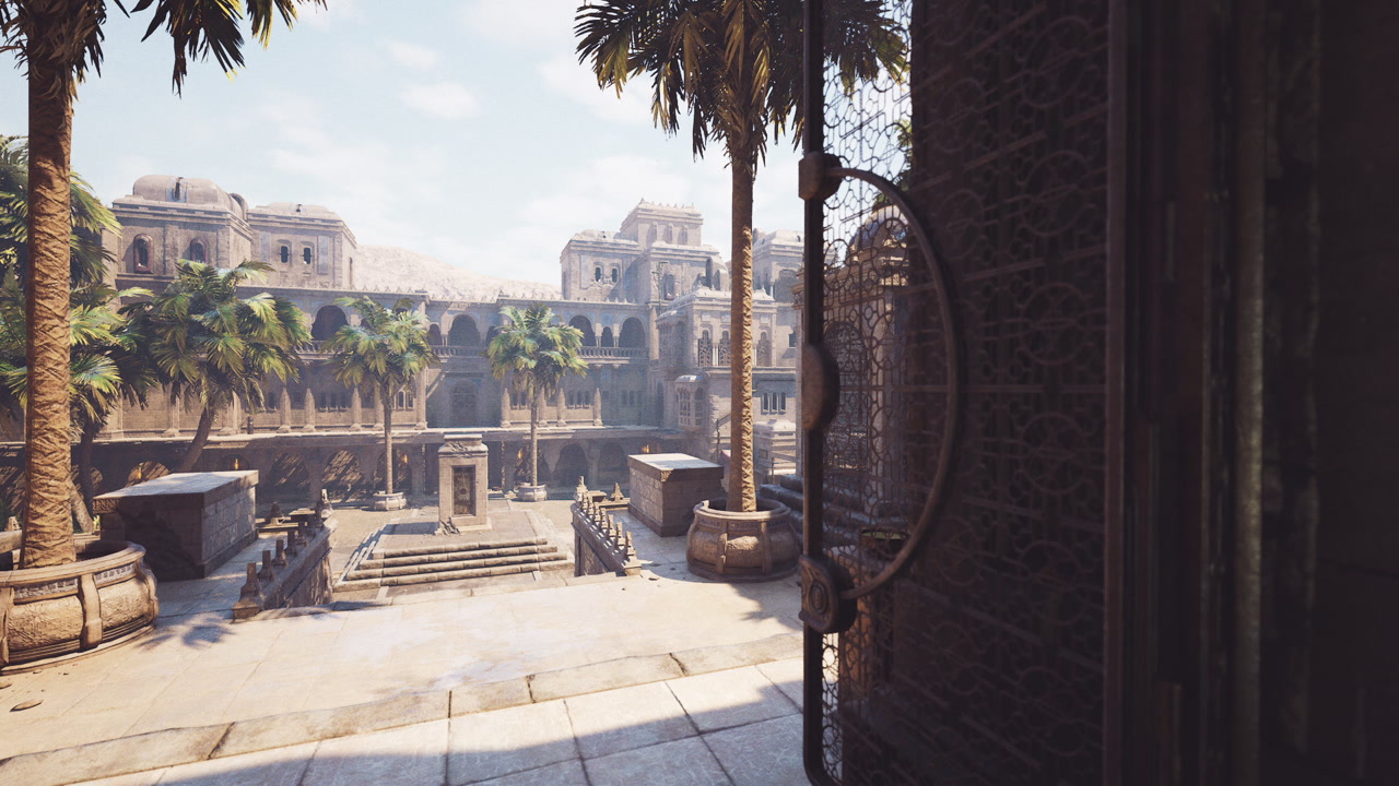 Historic sundrenched cistern surrounded by weathered structures and shards