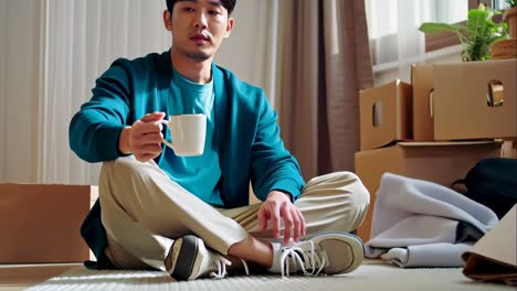 a man in a blue shirt is sitting on the floor with a cup in his hand