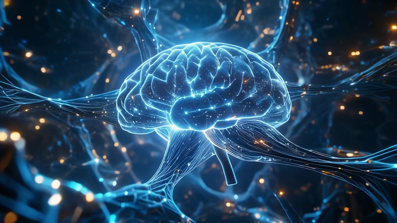 Glowing Human Brain Model Connected to Neural Network