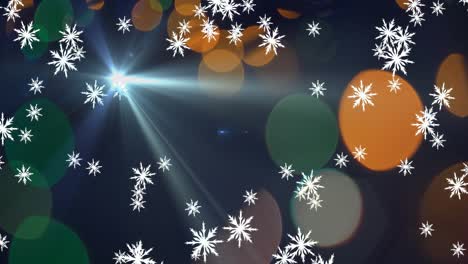 Animation-of-snow-falling-over-first-star-and-christmas-lights-bokeh