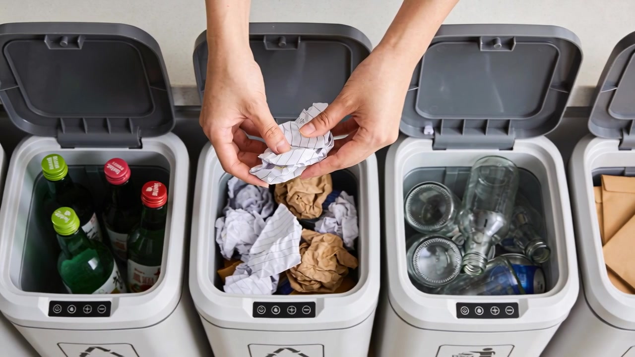 Sorting hands grabbing crumpled paper, placing into center paper bin in utility area to recycle