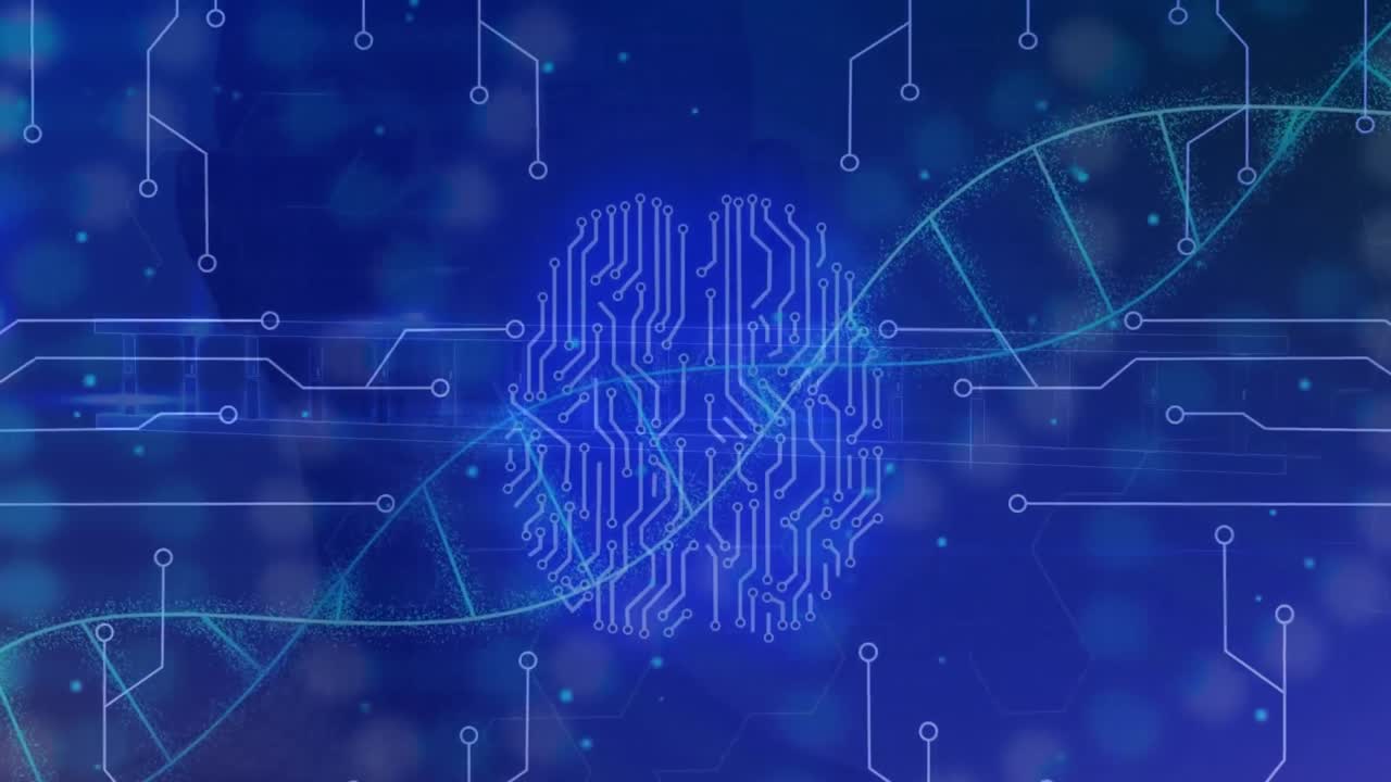 회로판 패턴 위의 dna 나선형의 애니메이션, 파란색 배경에 디지털 뇌와 dna 나선