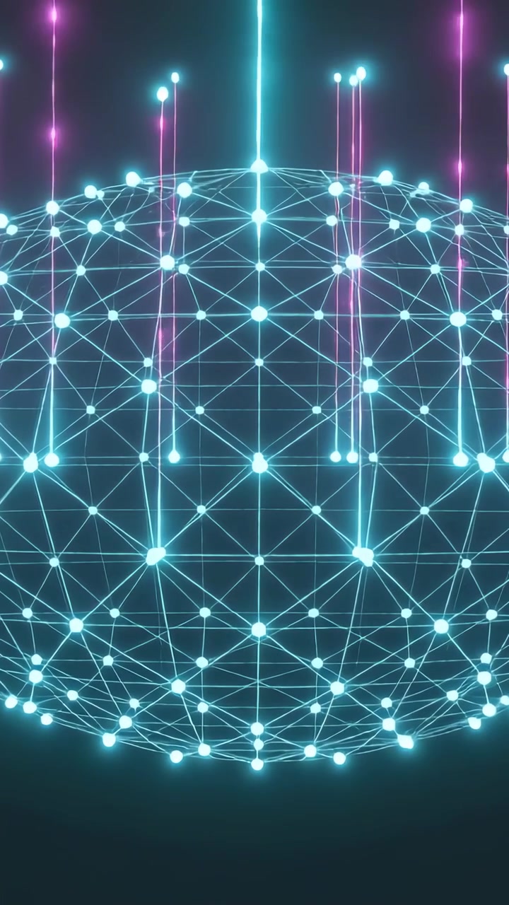 Vertical video: Pulsing mesh sphere reacting to cyan beam in void, showing flow via magenta beams