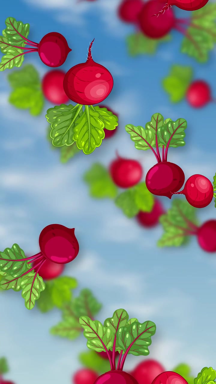Cartoon beetroots with green leaves fall against a bright blue sky with soft clouds.