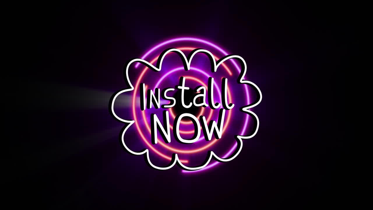 animación de instalar ahora texto sobre una burbuja de habla y escáner redondo púrpura sobre fondo negro