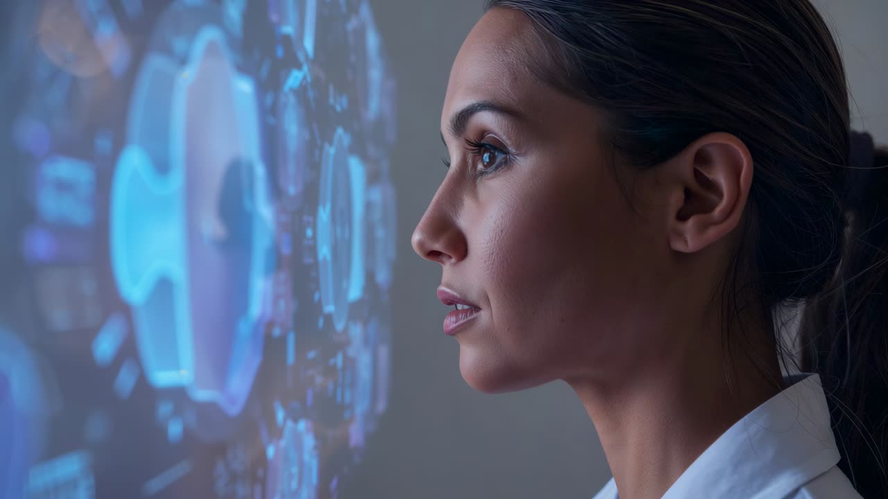 Acompanhando o brilho do nó, mulher de jaleco rastreando o holograma para análise em laboratório, espaço para texto