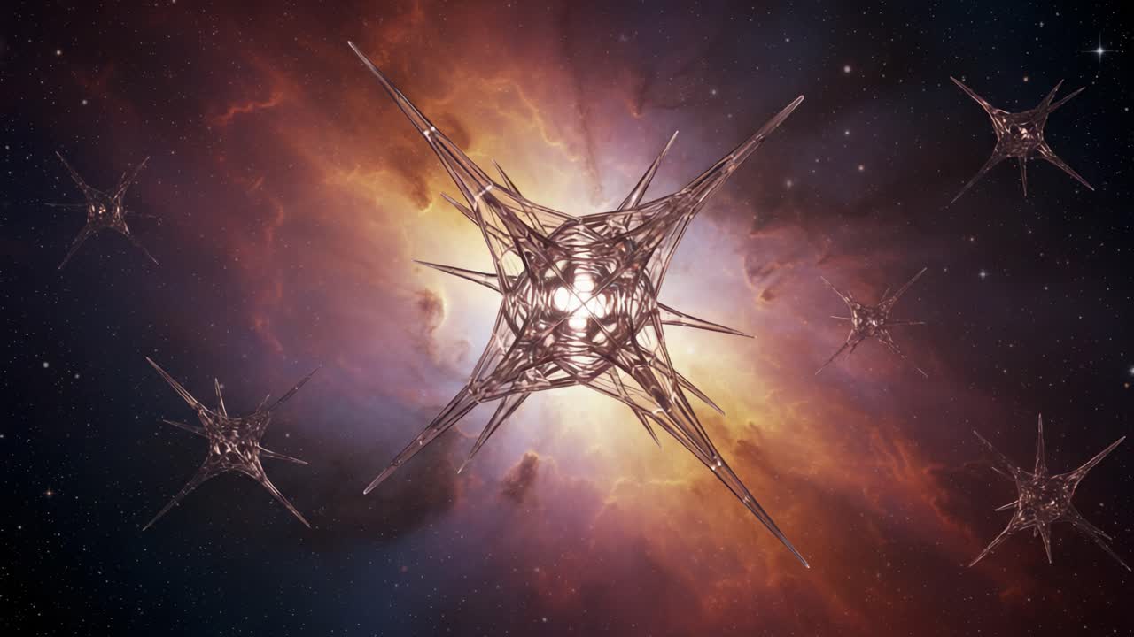 An Intriguing Cosmic Phenomenon: Stunning Visualization of Futuristic Structures Floating Amidst a Vivid Galactic Background Captures the Essence of Deep Space Exploration