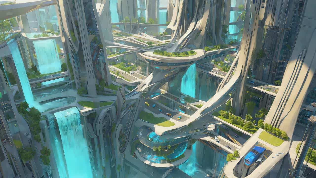 Futuristic City with Waterfalls and Advanced Infrastructure