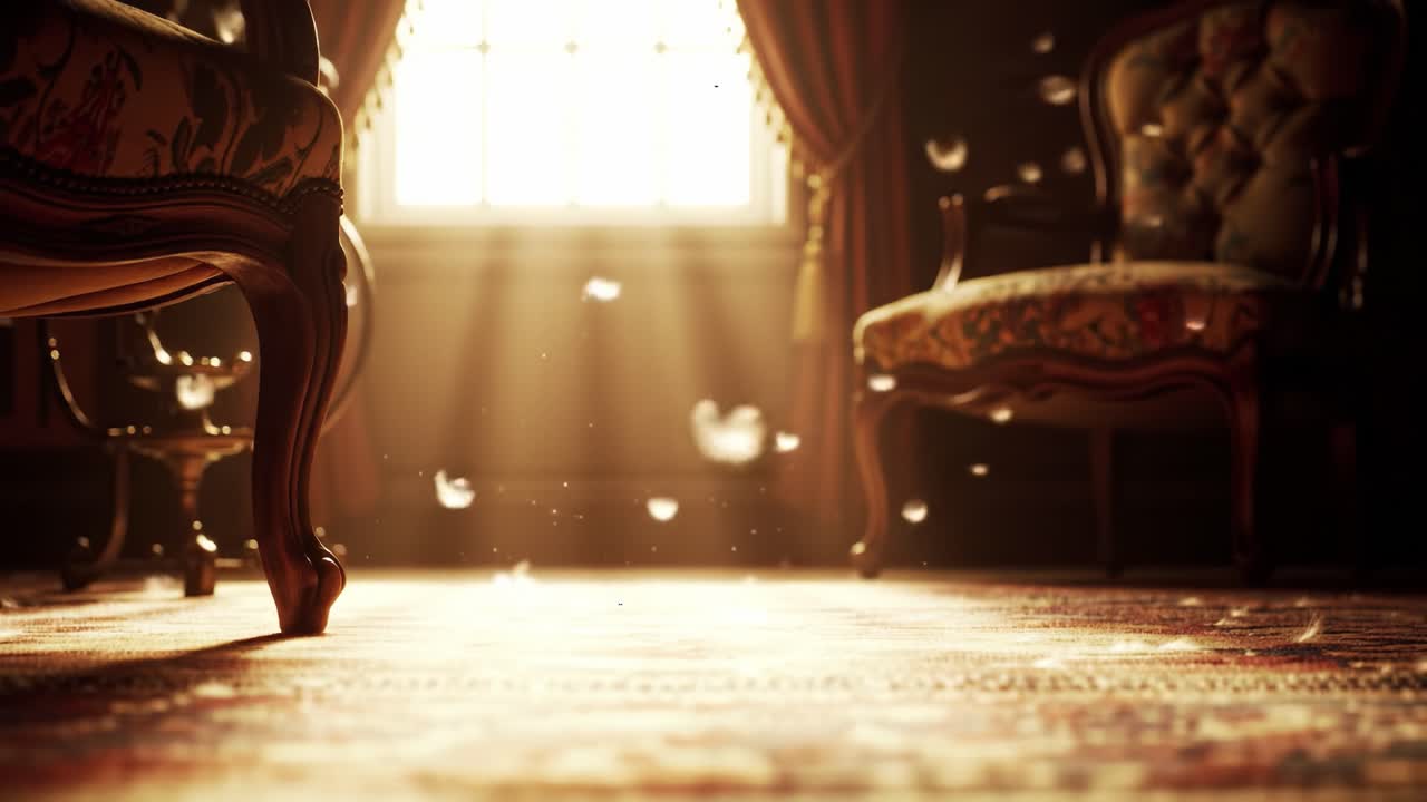 Sunlight streams through a window, illuminating a cozy living room with soft furnishings and dust particles dancing in the light, creating a serene and peaceful atmosphere.