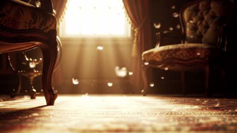sunlight streams through a window, illuminating a cozy living room with soft furnishings and dust particles dancing in the light, creating a serene and peaceful atmosphere.