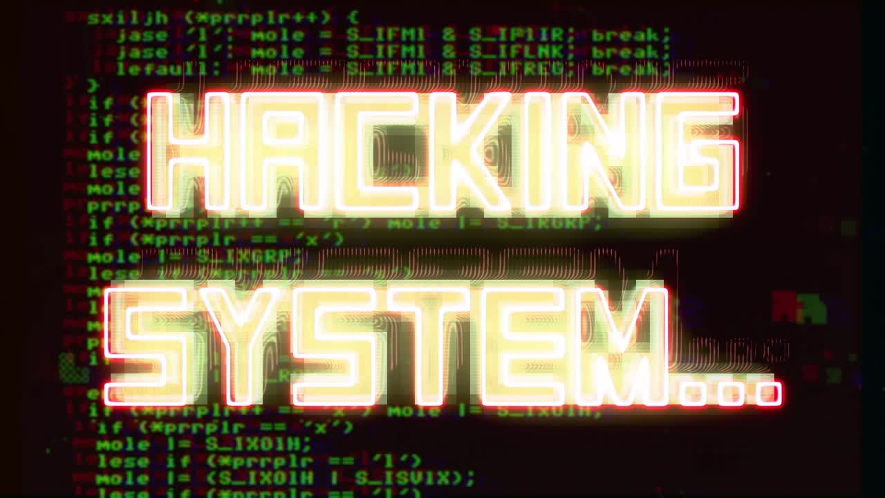 distorsión deliberada: dos mensajes surgen y parpadean en estilo de onda de vapor de neón, sistema de hacking en rojo en negrita y hackeado en azul frío