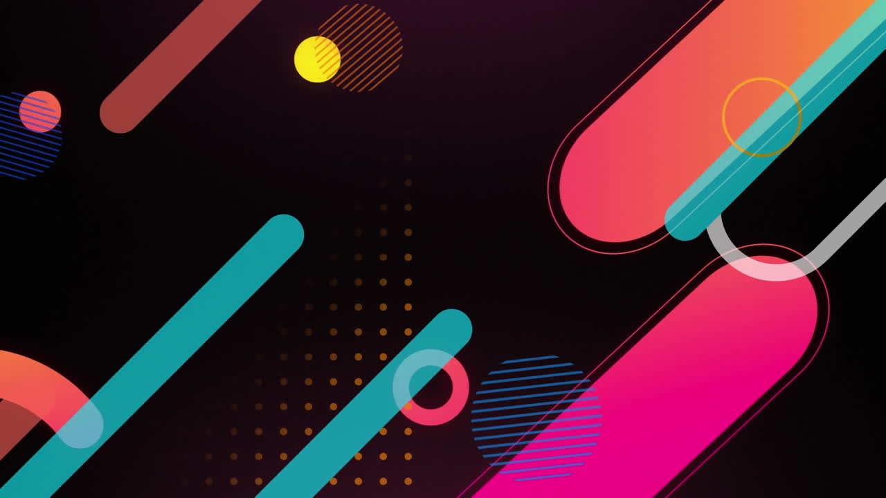 Animation of multi coloured abstract shapes moving over black background