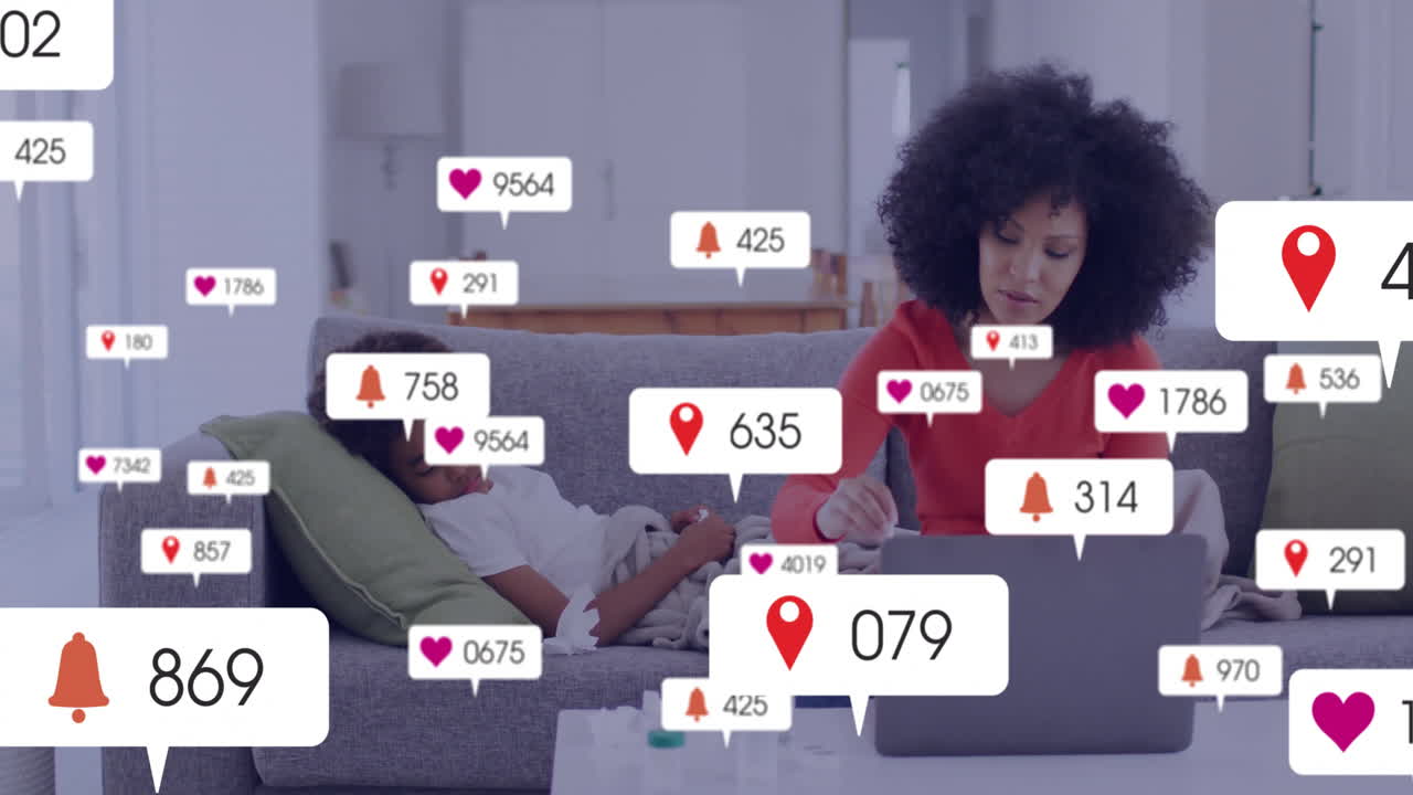 Using laptop at home, woman interacting with social media animation notifications