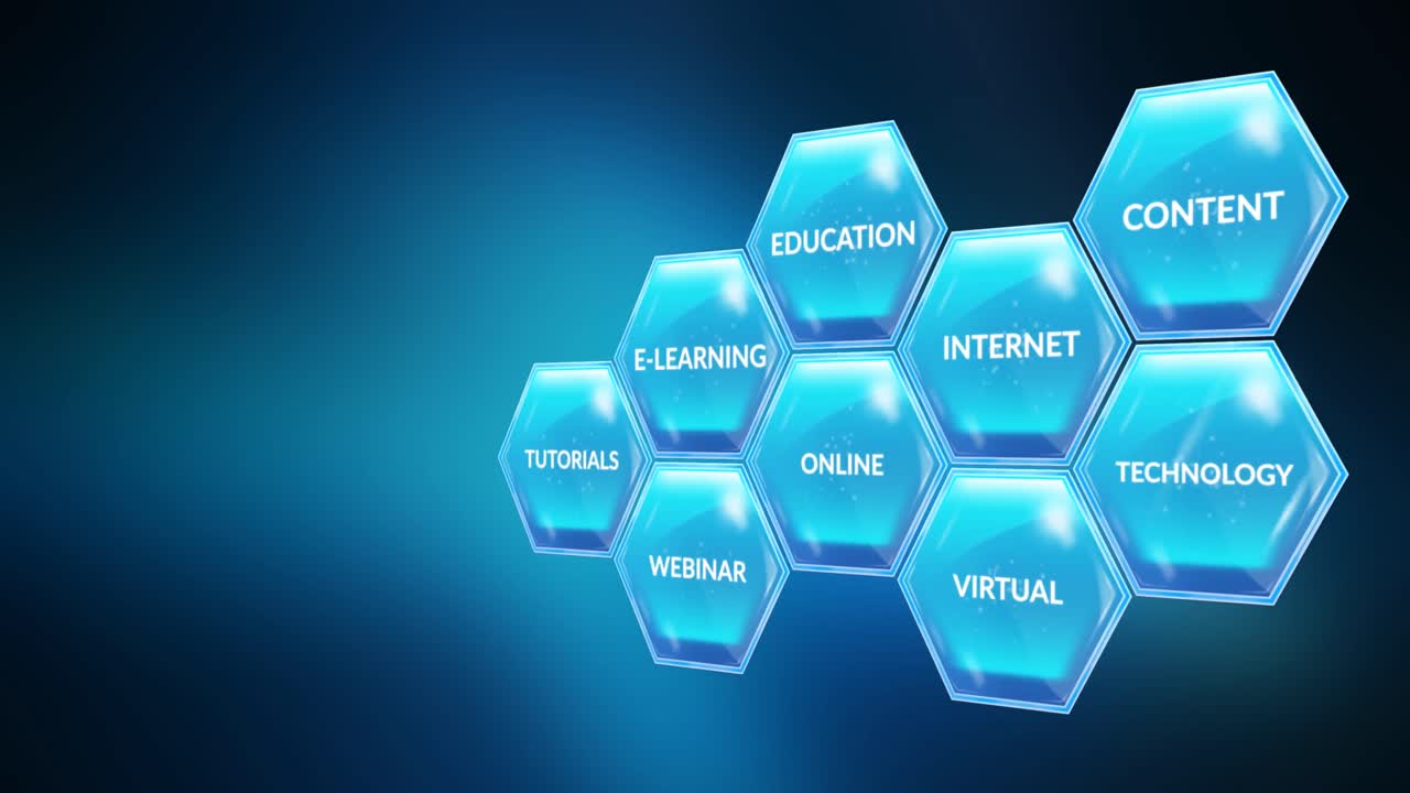 Animation of education and learning blue hexagons with text on blue background