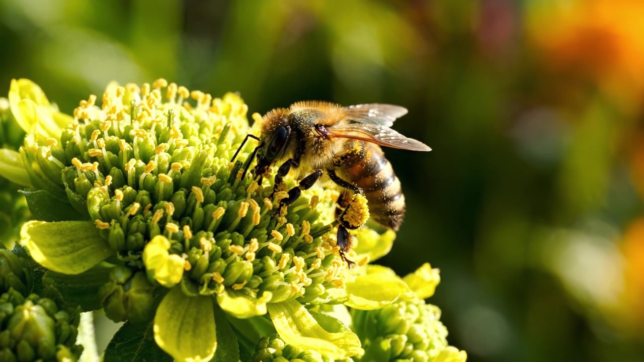 A Close Encounter with Nature: Exploring the Fascinating Life of a Honeybee Pollinating Vibrant Flowers in a Lush Garden Setting