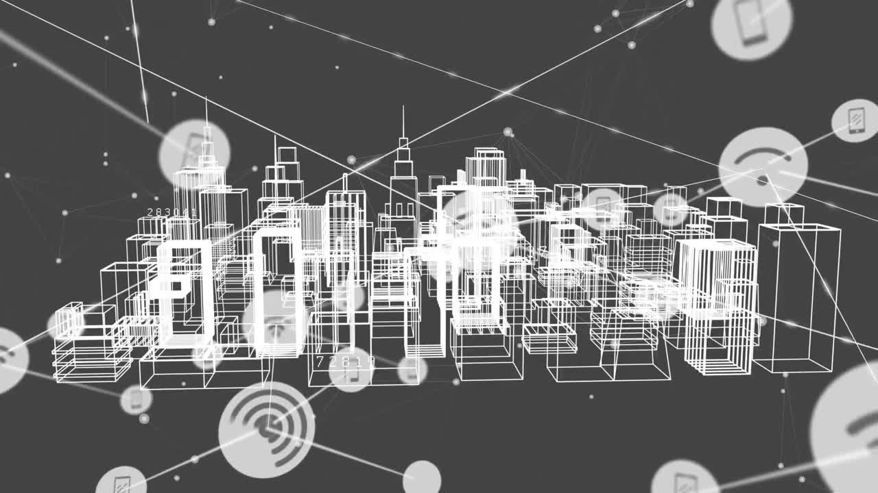 animación de la red de conexiones con iconos sobre el paisaje urbano 3d sobre fondo gris