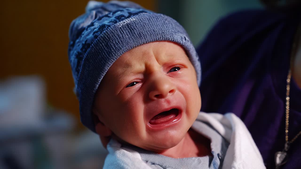 A Distressed Infant Expressing Emotion Through Crying, Wearing a Blue Knit Cap and White Swaddle, Captured in Two Frames Showcasing the Intensity of Early Childhood Feelings
