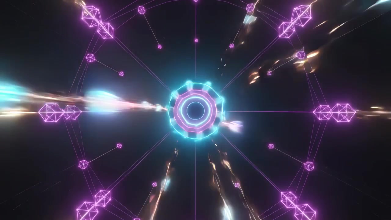 Hub centrale pulsante che traccia scie mentre i nodi esterni emettono energia per alimentare un tunnel virtuale con scintille dorate.