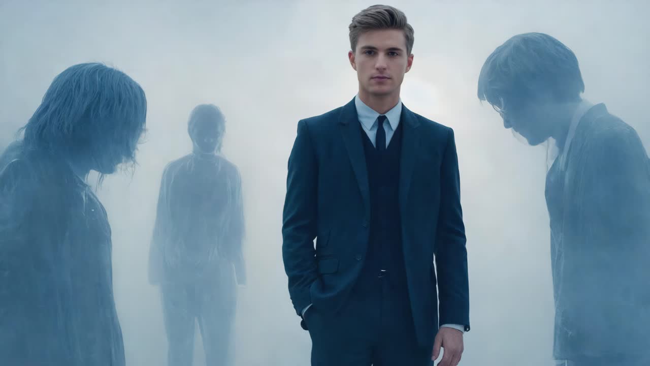 A man in a suit surrounded by ghostly figures in the fog