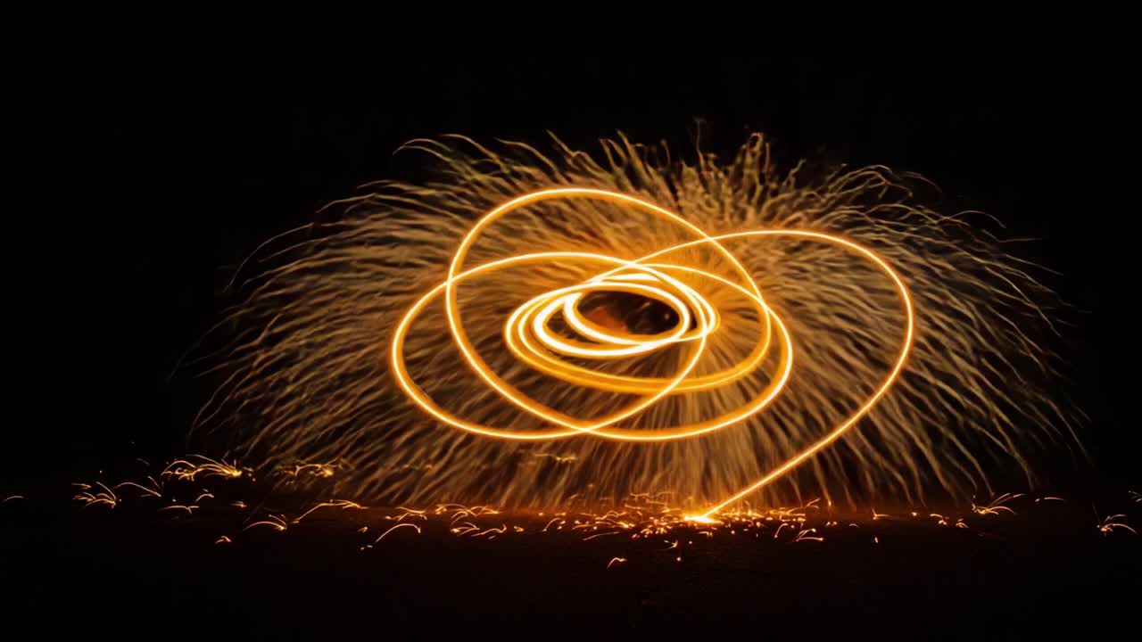 Dynamic Display of Fiery Spirals Captured in Motion, Showcasing the Artistry of Light Trails Against a Dark Background, Evoking a Sense of Movement and Energy