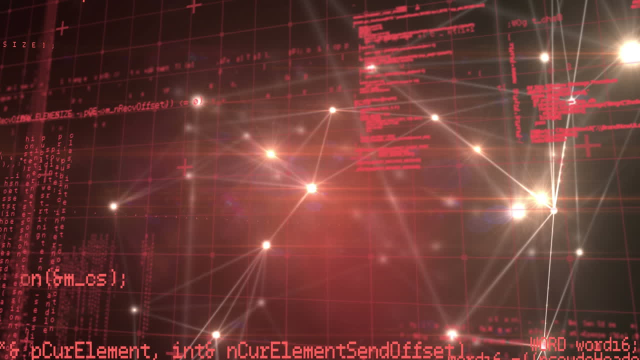 Animation of network of connections with glowing spots and red data processing