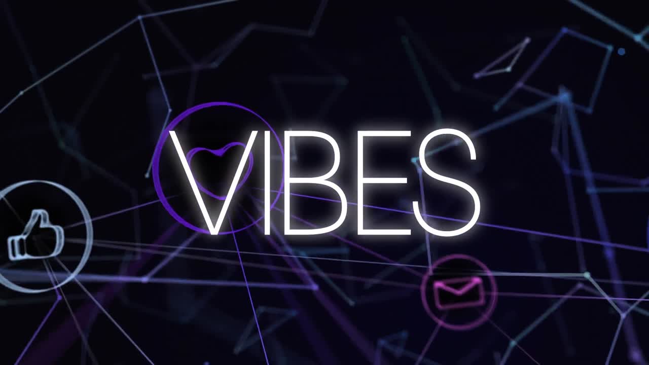 Animation of vibes text in white letters over digital icons on black background