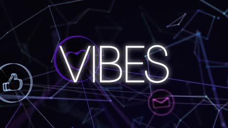 animation of vibes text in white letters over digital icons on black background