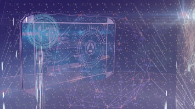 Animation of network of connections with icons and data processing over blue background