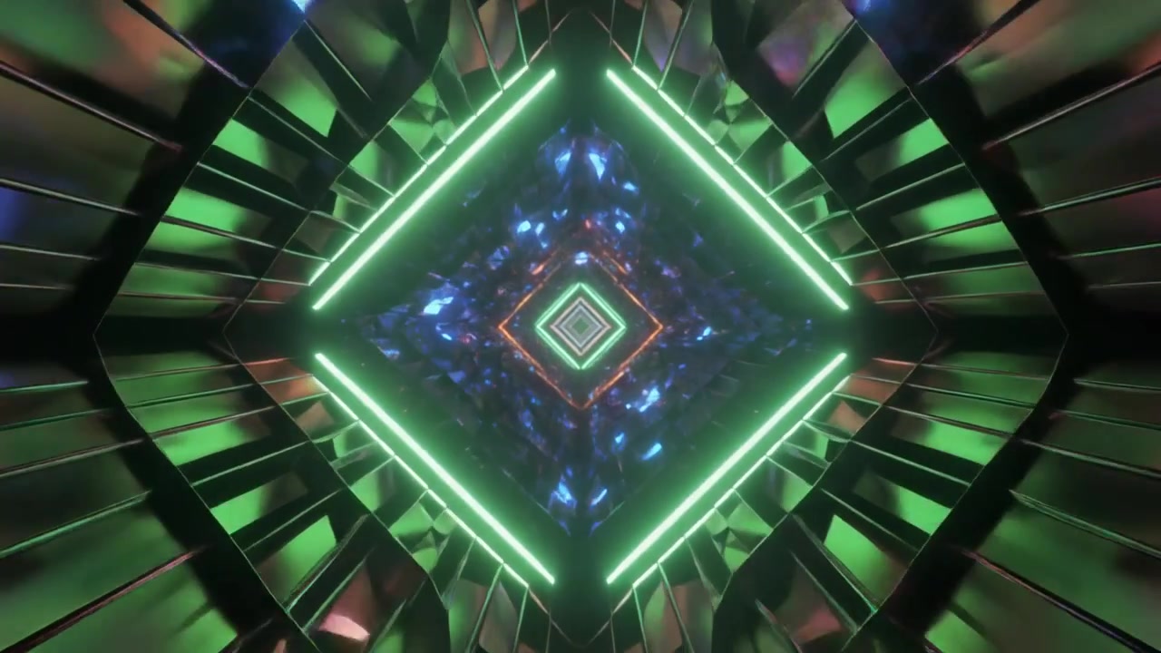 Abstract 3D Tunnel with Glowing Green Neon Diamond Frames
