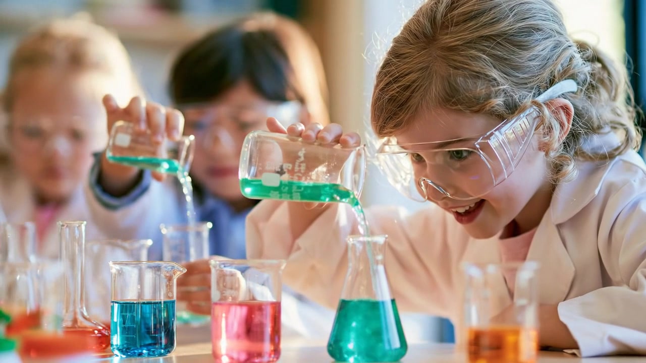 Children conducting a colorful science experiment with laboratory glassware