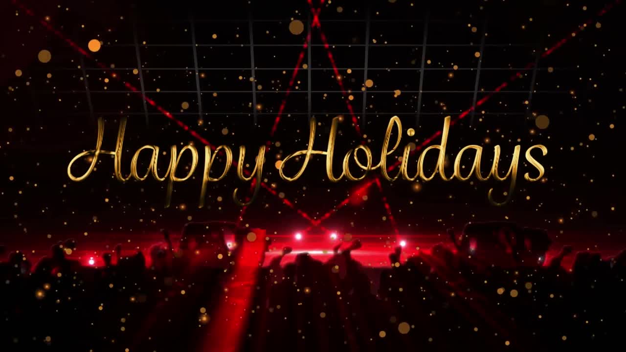 파티에 참석한 사람들 위에서 행복한 휴일 텍스트의 애니메이션