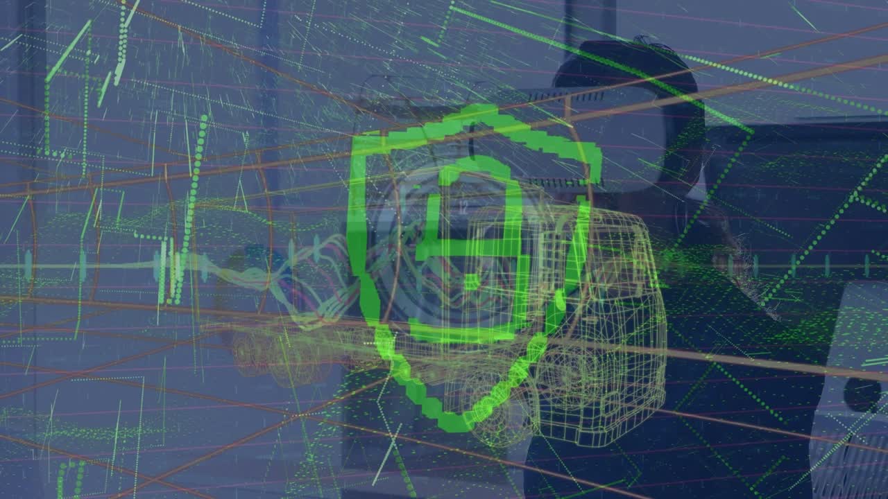 Animation of data processing and padlock over caucasian businesswoman using vr headset