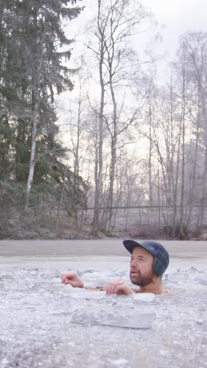 Hilarious shot of an ice bather sitting in frozen swedish lake, vertical