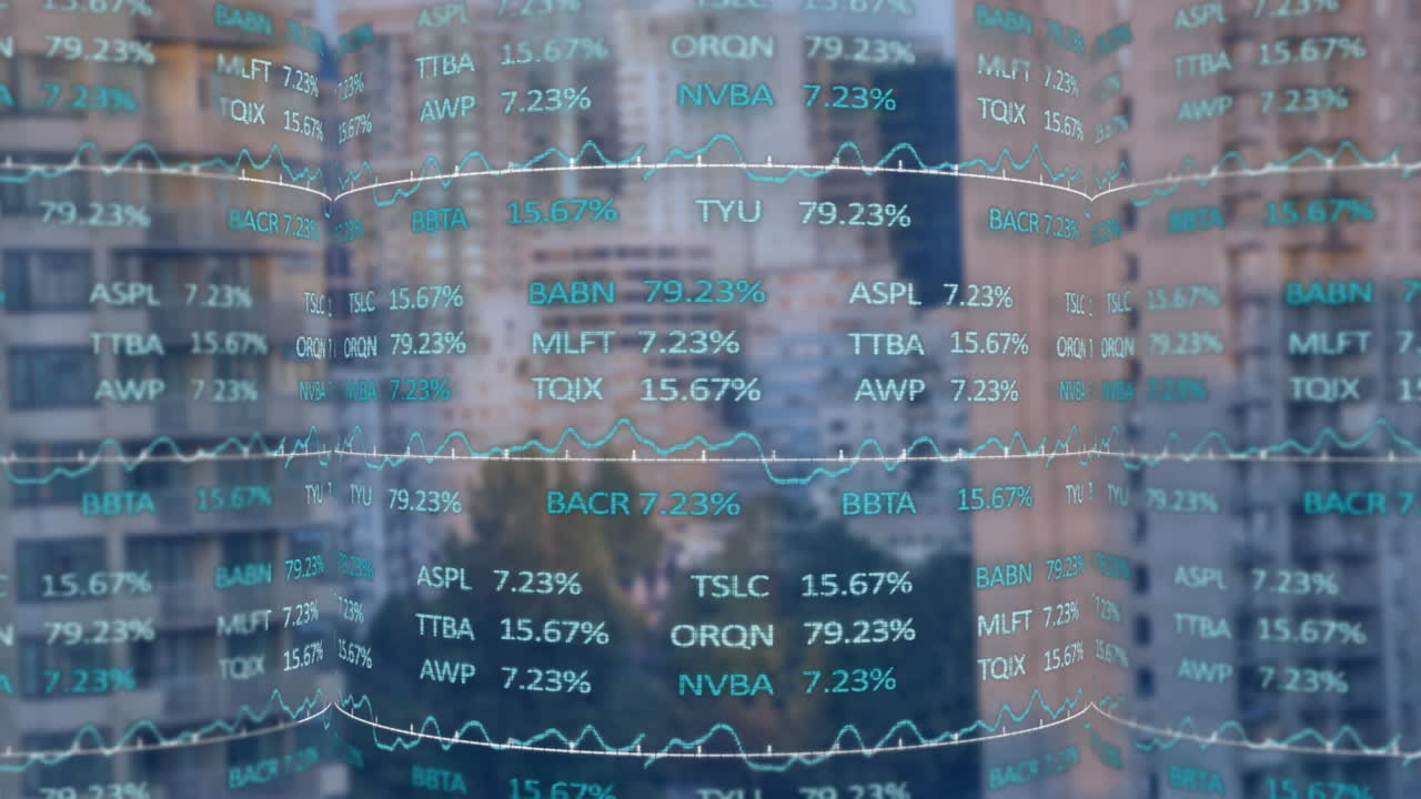 datos del mercado de valores y análisis financiero animación sobre el fondo del paisaje urbano