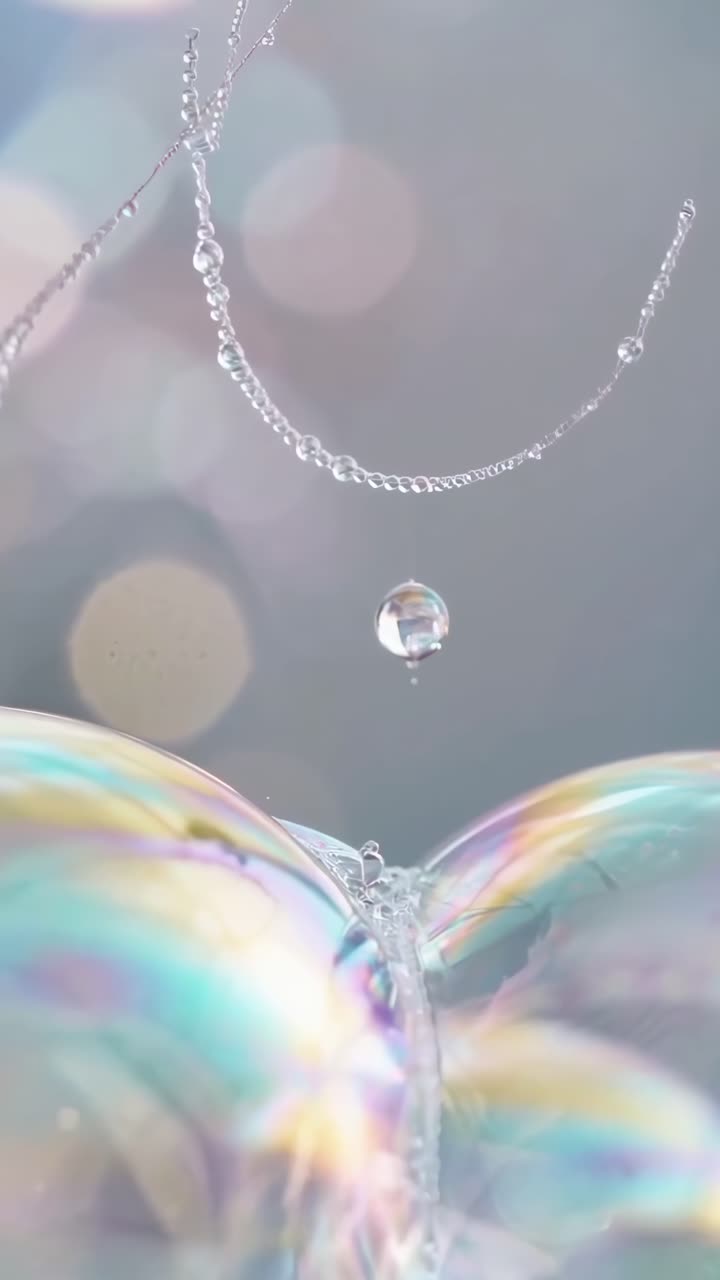 Video ravvicinato di bolle delicate con uno sfondo bokeh sognante e pastello, ripreso all'altezza degli occhi