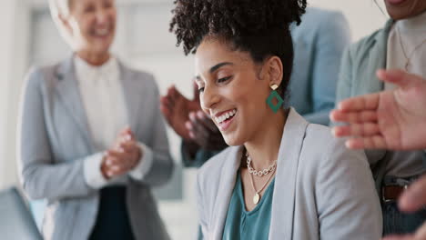 applause, celebration and business woman with good